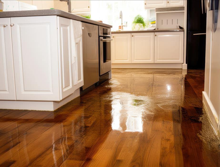 Closeup view of a waterlogged kitchen floor. Water damage to home.